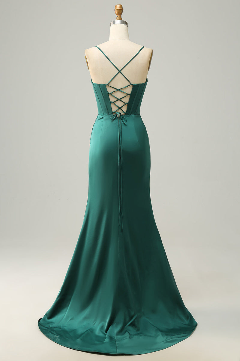 Load image into Gallery viewer, Mermaid Spaghetti Straps Dark Green Long Prom Dress with Split Front