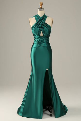 Dark Green Halter Lace Up Mermaid Prom Dress With Slit