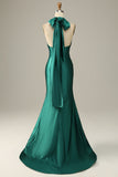 Dark Green Halter Lace Up Mermaid Prom Dress With Slit