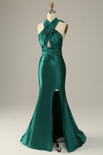 Dark Green Halter Lace Up Mermaid Prom Dress With Slit