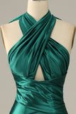 Dark Green Halter Lace Up Mermaid Prom Dress With Slit