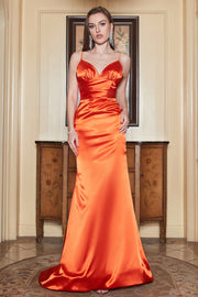 Mermaid Spaghetti Straps Orange Long Prom Dress with Backless