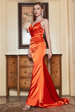 Mermaid Spaghetti Straps Orange Long Prom Dress with Backless