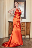 Mermaid Spaghetti Straps Orange Long Prom Dress with Backless