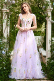 A-line Lilac Embroidery Corset Long Prom Dress