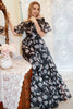 Load image into Gallery viewer, Black Print Off Shoulder Plus Size Prom Dress