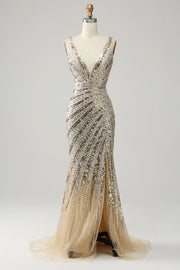 Sparkly Sequins Beaded Mermaid V-Neck Golden Long Prom Dress with Slit