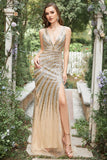 Mermaid Deep V Neck Golden Long Prom Dress with Slit