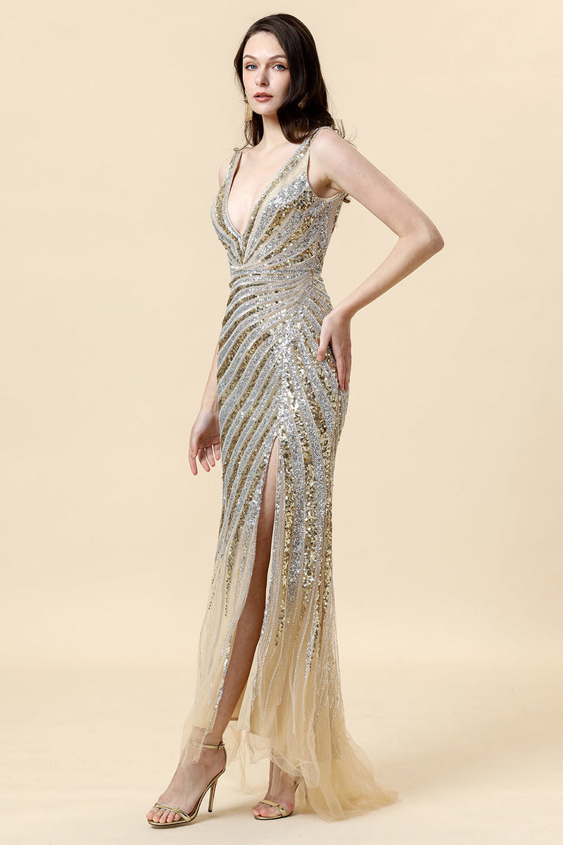 Load image into Gallery viewer, Sheath Deep V Neck Golden Beaded Evening Wear with Silt
