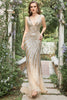 Load image into Gallery viewer, Mermaid Deep V Neck Golden Beading Long Prom Dress with Split Front