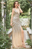 Mermaid Deep V Neck Golden Beading Long Prom Dress with Split Front