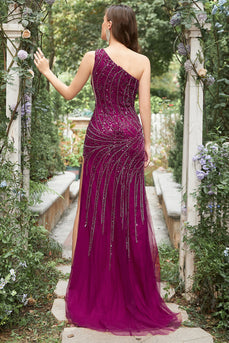 Mermaid One Shoulder Dark Purple Beaded Long Prom Dress with Slit