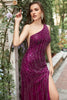 Load image into Gallery viewer, Mermaid One Shoulder Dark Purple Beaded Long Prom Dress with Slit