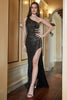 Load image into Gallery viewer, Sheath One Shoulder Black Sequins Cut Out Prom Dress with Split Front