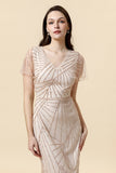 Sheath V Neck Light Khaki Mother of the Bride Dress with Beading