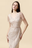 Sheath V Neck Light Khaki Mother of the Bride Dress with Beading