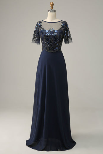 Navy Appliques Sequin Mother of the Bride Dress
