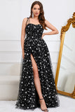 Tulle A-Line Spaghetti Straps Black Long Prom Dress with Stars