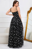 Tulle A-Line Spaghetti Straps Black Long Prom Dress with Stars