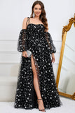 Tulle A-Line Spaghetti Straps Black Long Prom Dress with Stars