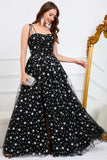 Tulle A-Line Spaghetti Straps Black Long Prom Dress with Stars