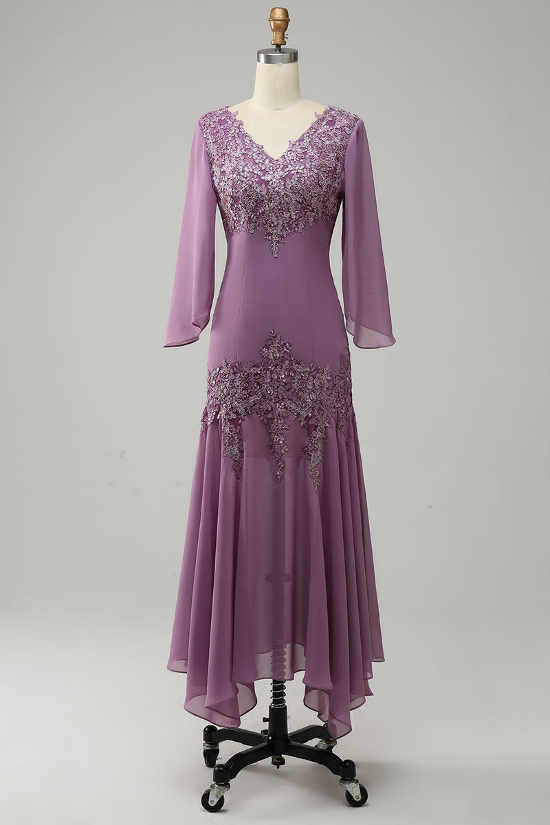 Load image into Gallery viewer, Grey Purple Mermaid Chiffon Mother of the Bride Dress with Lace