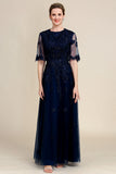 Sparkly Navy Beaded Mother of the Bride Dress with Lace