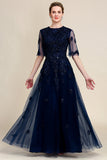 Sparkly Navy Beaded Mother of the Bride Dress with Lace