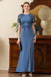 Blue Mermaid Open Back Mother of the Bride Dress with Slit