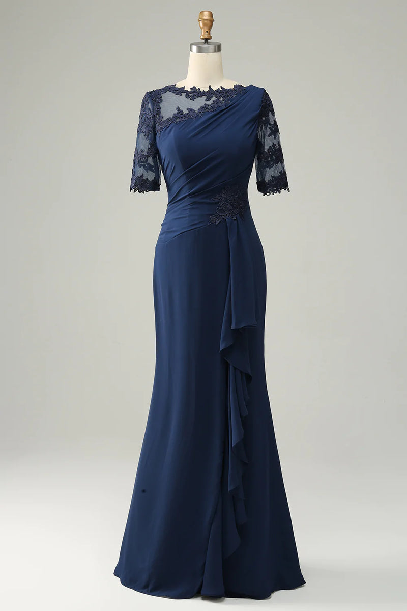 Load image into Gallery viewer, Navy Sheath Mother of the Bride Dress with Appliques