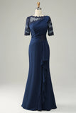 Navy Sheath Mother of the Bride Dress with Appliques