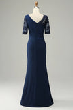 Navy Sheath Mother of the Bride Dress with Appliques