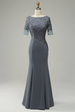 Grey Chiffon Appliques Mother of the Bride Dress