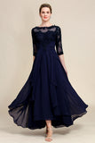 Asymmetrical Navy Mother of the Bride Dress with Long Sleeves