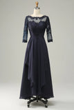 Asymmetrical Navy Mother of the Bride Dress with Long Sleeves