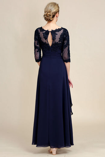 Asymmetrical Navy Mother of the Bride Dress with Long Sleeves