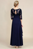 Asymmetrical Navy Mother of the Bride Dress with Long Sleeves