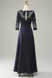 Asymmetrical Navy Mother of the Bride Dress with Long Sleeves