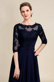 Asymmetrical Navy Mother of the Bride Dress with Long Sleeves