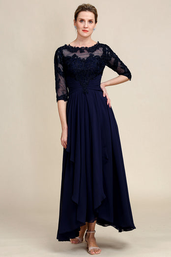 Asymmetrical Navy Mother of the Bride Dress with Long Sleeves