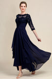 Asymmetrical Navy Mother of the Bride Dress with Long Sleeves