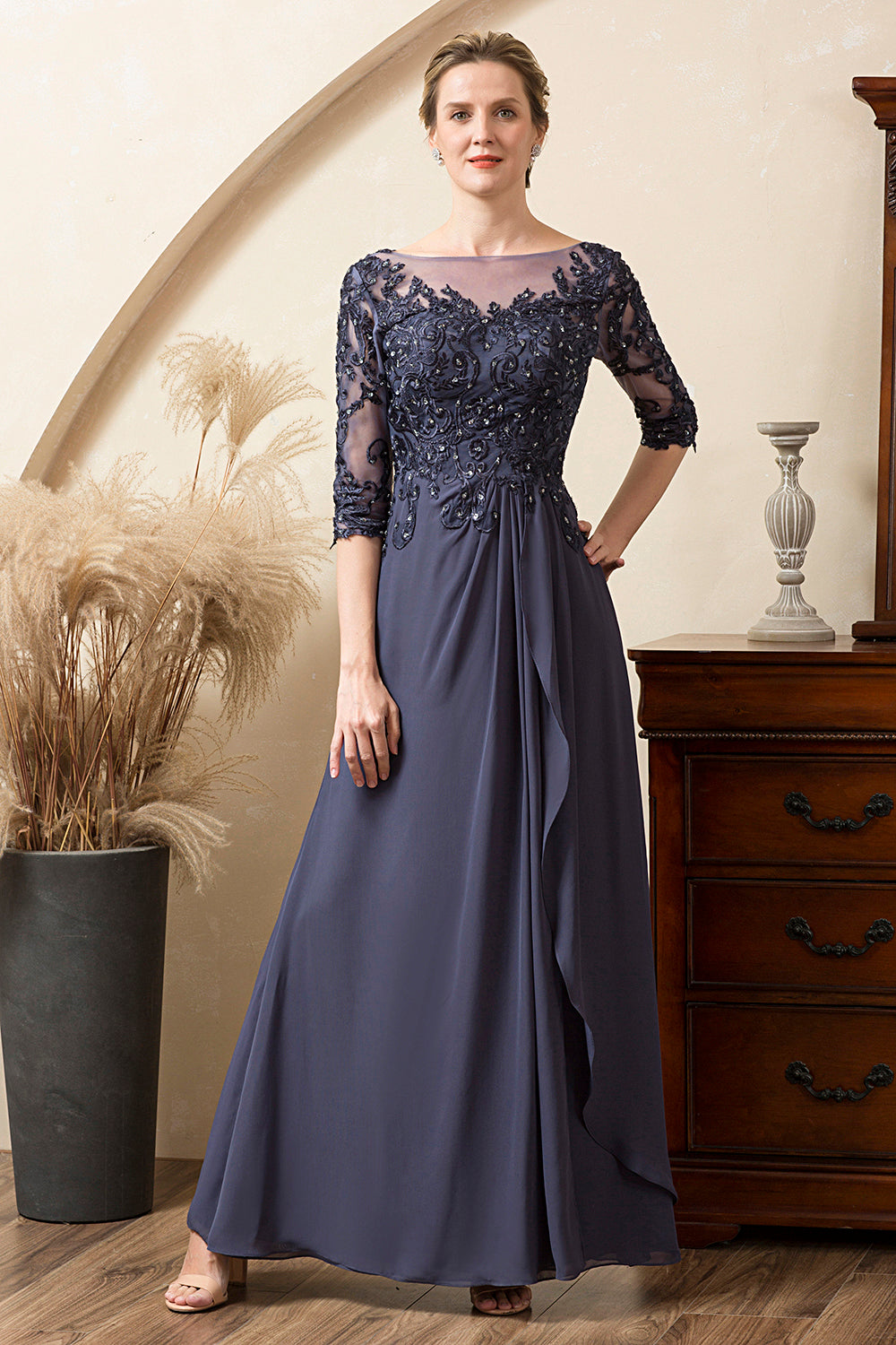 Grey Blue Sparkly Beaded Chiffon Mother of the Bride Dress