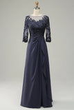 Long Sleeves Blue Mother of the Bride Dress with Appliques