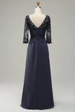 Long Sleeves Blue Mother of the Bride Dress with Appliques