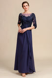 Long Sleeves Blue Mother of the Bride Dress with Appliques