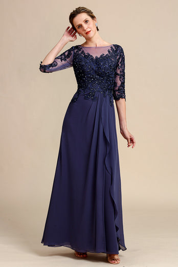 Long Sleeves Blue Mother of the Bride Dress with Appliques