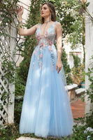 Shiny Tulle V Neck Backless Light Blue Lace Long Prom Dress, Light