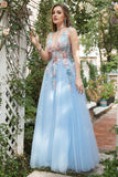 A Line Deep V Neck Light Blue Long Prom Dresses with Appliques