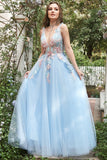 A Line Deep V Neck Light Blue Long Prom Dresses with Appliques