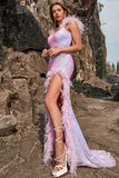 Mermaid Sweetheart Purple Sequins Long Prom Dress with Feather